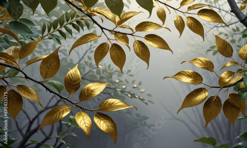 3d golden and green tree branches leaves on gray and gold background  Generative AI