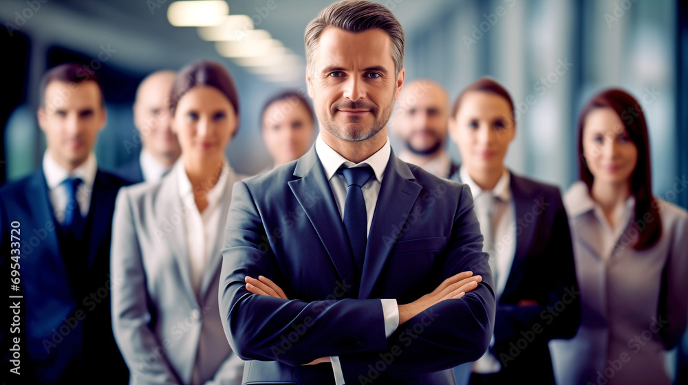 Confident elegant businessman with his team moving towards the goal - Concept: teamwork and movement to win in business Confident elegant businessman with his team moving towards the goal - Concept: teamwork and movement to win in business