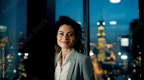 Portrait of a beautiful businesswoman posing by the window overlooking the night city with skyscrapers - CEO - woman looking at camera - Elegant successful business manager © PETR BABKIN