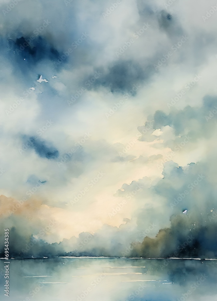 曇り空、雲、水彩画、背景｜Cloudy sky, clouds, watercolor, background. Generative AI