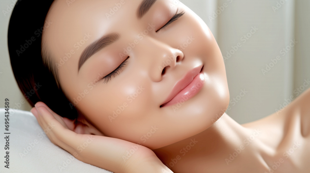 Naklejka premium Happy Asian woman with perfect skin - Skin care - Beauty salon - Spa