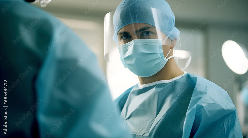 Close-up of a surgeon wearing a mask in front of the operating room - The surgeon is preparing for the operation
Close-up of a surgeon wearing a mask in front of the operating room - The surgeon is preparing for the operation