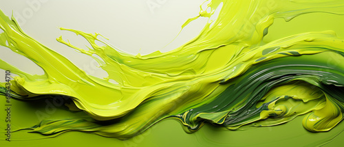 Abstract acid green and yellow acrylic green paint design on canvas, featuring vibrant brush strokes and splashes. photo