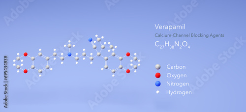 verapamil molecule, molecular structures, calcium channel blocker, 3d model, Structural Chemical Formula and Atoms with Color Coding photo