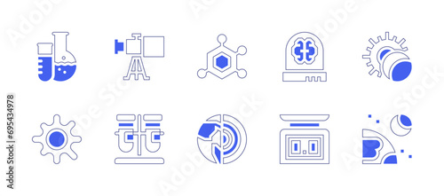 Science icon set. Duotone style line stroke and bold. Vector illustration. Containing laboratory, cell, structure, geology, brain, balance scale, telescope, flasks, eclipse, moon.