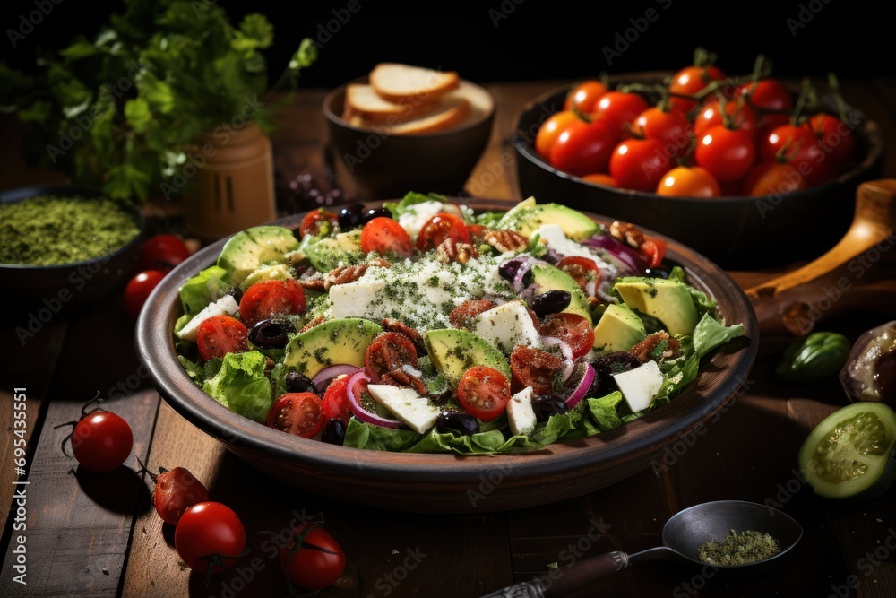 a salad with tomatoes, avocado, lettuce, tomatoes, cheese, and other toppings in a bowl on a wooden table with other ingredients. a salad with tomatoes, avocado, lettuce, tomatoes, cheese, and other toppings in a bowl on a wooden table with other ingredients.