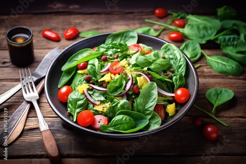 Fresh mixed green salad in bowl on wooden table. Mix salad leaves in a black bowl