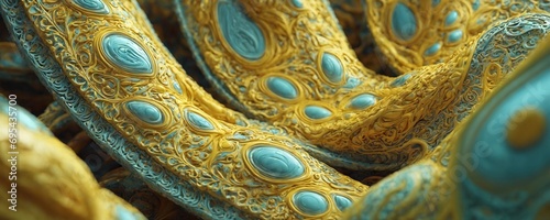 a close up of a gold and blue fabric