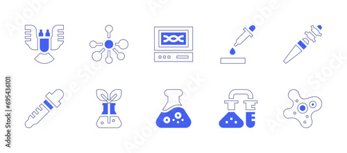 Science icon set. Duotone style line stroke and bold. Vector illustration. Containing testing, flask, molecule, demodex, biology, amoeba, deformity, pipette, investigation, genetics.
