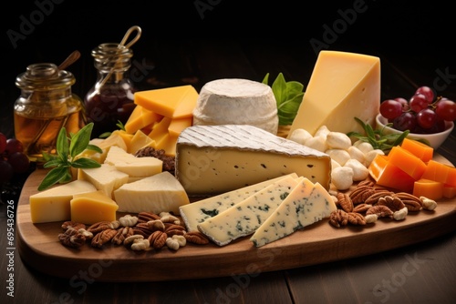  a variety of cheeses and nuts are arranged on a wooden platter with a glass of wine and a jar of honey on the side of the platter.
