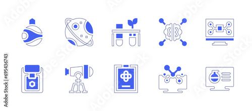 Science icon set. Duotone style line stroke and bold. Vector illustration. Containing saturn, telescope, space colonization, report, biology, clipboard, ai, digital services, virtual lab.