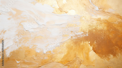 Abstract gold and white oil painting on canvas texture background. Closeup of acrylic paint strokes on canvas. 