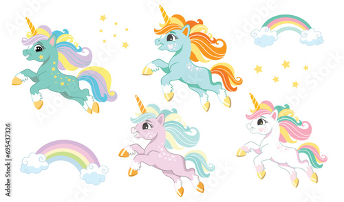 Collection of cute running unicorn on a white background vector