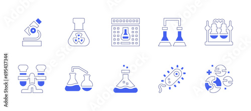 Science icon set. Duotone style line stroke and bold. Vector illustration. Containing science fair  science  microscope  test tube  flask  experiment  chemical  planets  lab  bacterium.