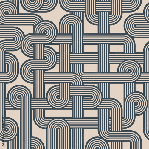 Seamless repeating maze pattern with interlaced striped lines in blue and white. Geometric striped ornament. Abstract background. Vector illustration.
