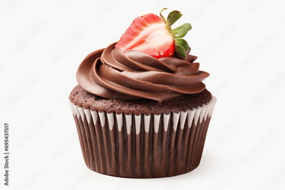a chocolate cupcake with a chocolate frosting and a strawberry on top, on a white background, with a shadow of a cupcake on the side of the cupcake. a chocolate cupcake with a chocolate frosting and a strawberry on top, on a white background, with a shadow of a cupcake on the side of the cupcake.