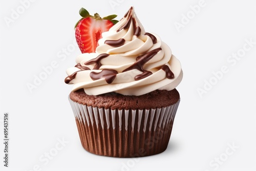  a chocolate cupcake with white frosting and a strawberry on top of the cupcake is topped with a chocolate frosting and a strawberry on top of the cupcake.