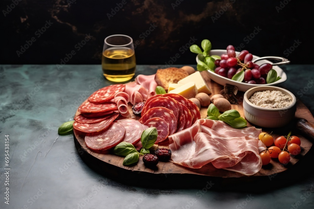Assorted appetiser served on grey stone table. differents antipasti. charcuterie. Sausage and ham.