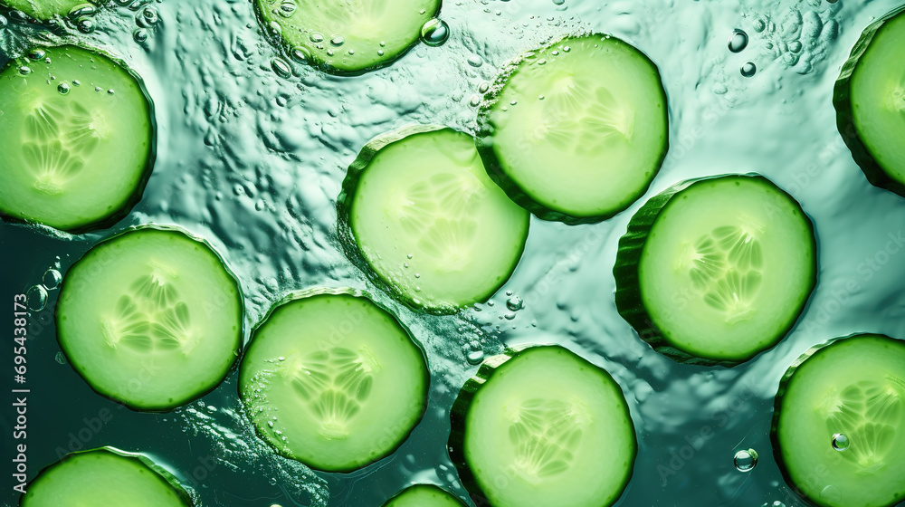 Cucumber slices in water with bubbles, close-up.
Cucumber slices in water with bubbles, close-up.