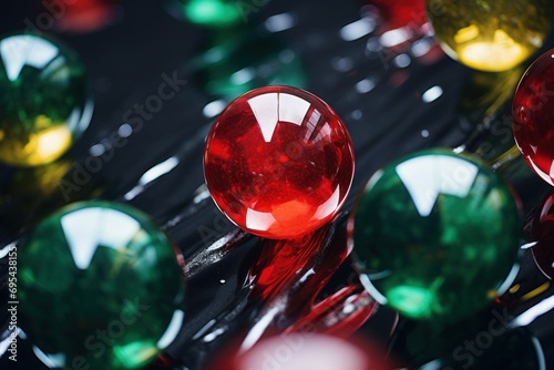  a group of red, green, and yellow marbles on a black surface with a reflection of light on the top of one of one of the marbles.