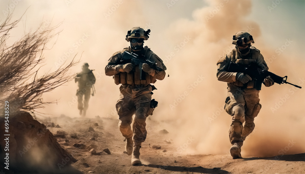 Fototapeta premium Missione Impossibile- Poster Ampio con Soldati delle Forze Speciali in una Zona di Guerra nel Deserto