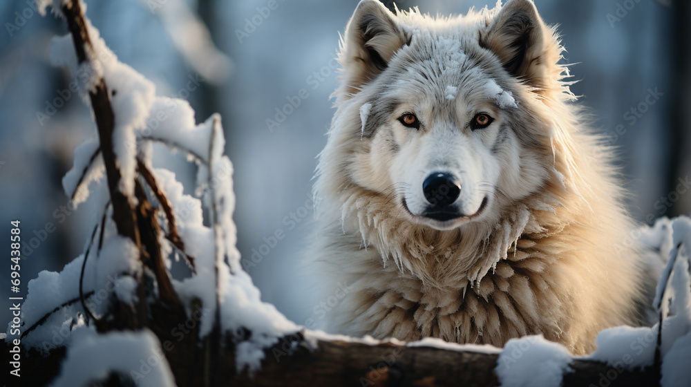 Obraz premium A lone wolf stands proudly in the midst of a snowy forest. Its silver fur glistening in the soft light of a winter's day. 
