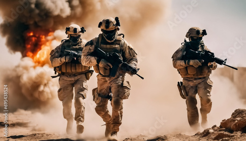 Eroi nel Fumo- Soldati delle Forze Speciali Attraversano la Distruzione del Deserto con Fuoco e Fum