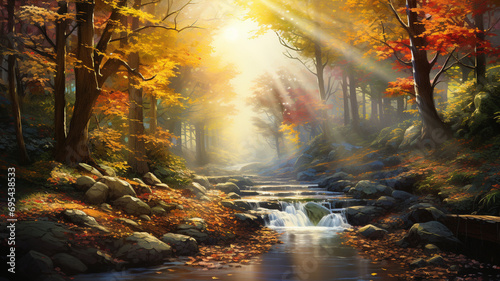 A breathtaking autumn morning captured in high definition, featuring a colorful forest bathed in sunlight, with rays filtering through the leaves and branches, creating a magical scene.