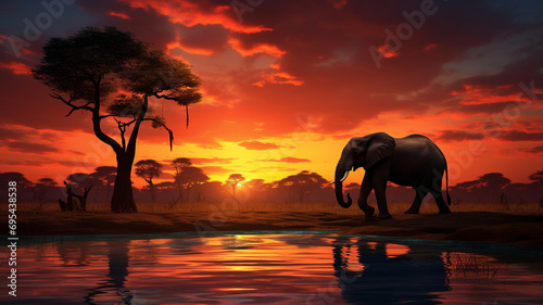 A breathtaking HD capture of an African sunset, featuring the silhouette of a majestic animal against the vibrant and warm hues of the sky.