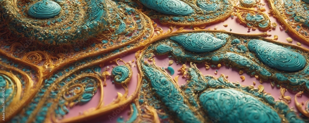 a close up of a gold and turquoise colored fabric