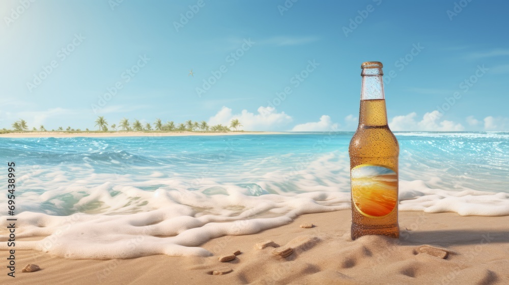Opened bottle of beer and beer glass on a blurred background of the sea.