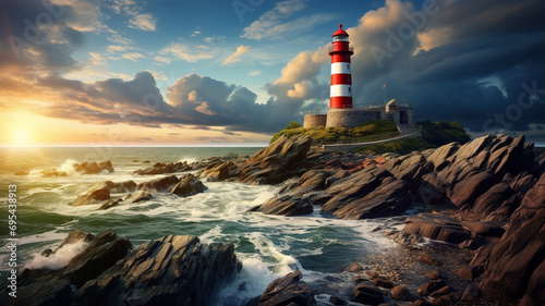 A breathtaking HD image capturing a stunning lighthouse standing proudly along the rocky seaside, surrounded by the beauty of nature and the vast expanse of the sea.