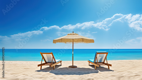 Beach chairs and umbrella on a beautiful tropical beach. 