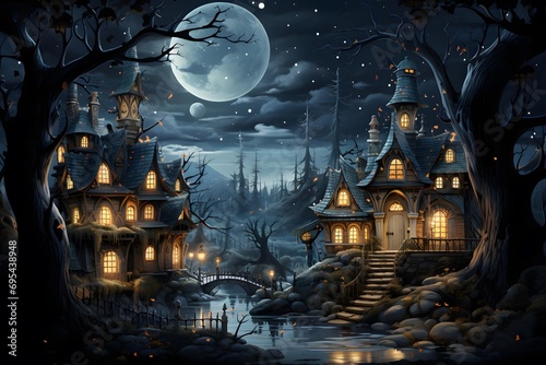 Halloween background with haunted house and full moon in the night, 3d illustration © Iman