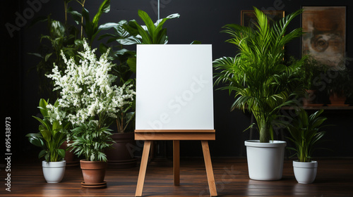 White canvas on wooden easel and copy space with plant photo