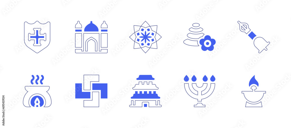 Spirituality icon set. Duotone style line stroke and bold. Vector illustration. Containing templar, aromatherapy, mandala, pagoda, tibetan, balance, candle, menorah, mosque, finnish neopaganism.