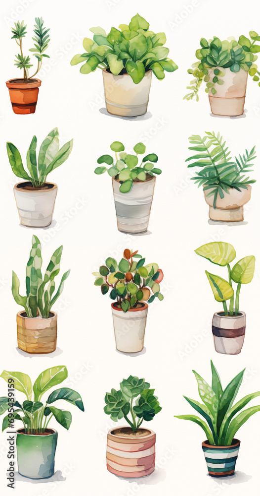 Plantas verdes diversas em vasos diferentes isolado no fundo branco - Ilustração infantil simples 2d 