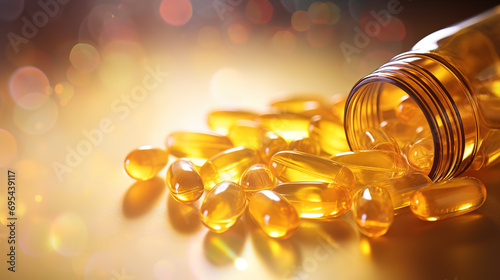 Fish oil omega 3 gel capsules on golden bokeh background.