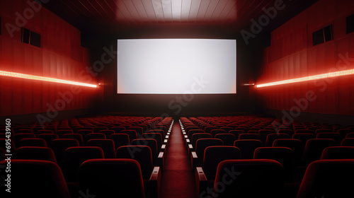 Empty cinema auditorium with red seats and white screen.