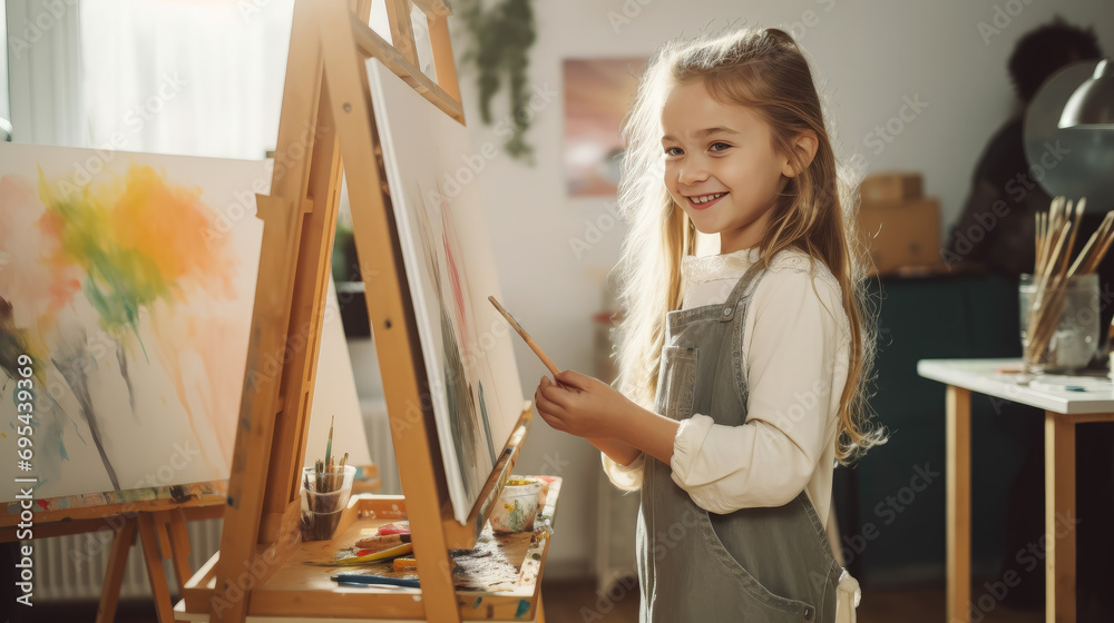 little beautiful girl draws on an easel in an art studio, drawing school, child, childhood, creativity, kid, smiling face, portrait, brush, paints, still life, picture, interior, student, master class