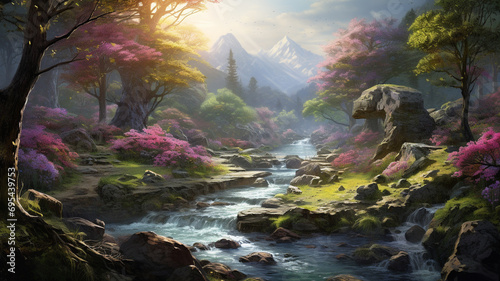 A breathtaking spring landscape featuring a meandering stream, surrounded by blossoming trees and mossy rocks, capturing the essence of nature's renewal.
