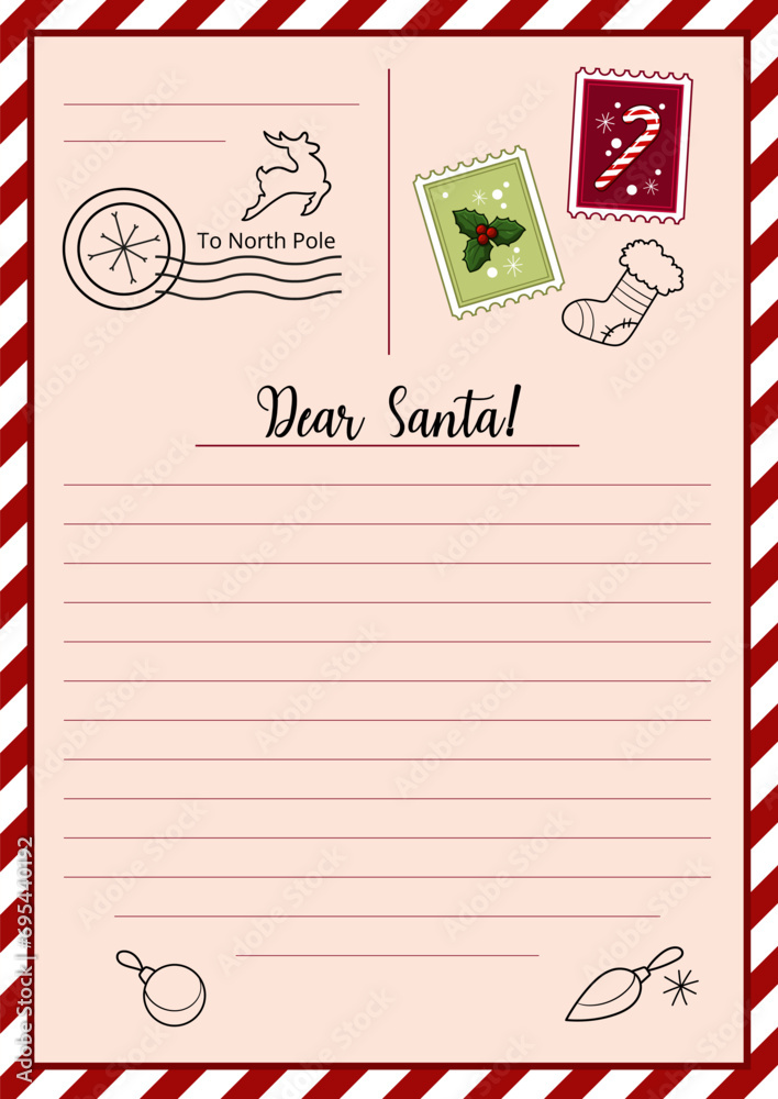 Letter to Santa printable template for kids. Horizontal lined sheet with North Pole postmarks and post stamps. Red white stripes frame. Dear Santa text Letter to Santa printable template for kids. Horizontal lined sheet with North Pole postmarks and post stamps. Red white stripes frame. Dear Santa text