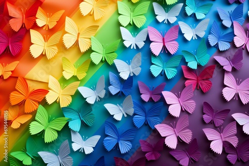 Rainbow paper background with white paper butterflies origami. Zero discrimination day concept. photo