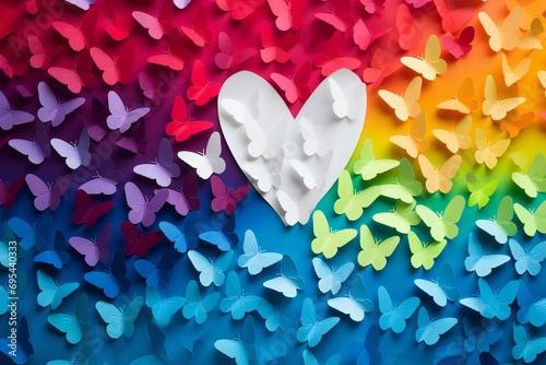 Rainbow paper background with white paper butterflies origami. Zero discrimination day concept. photo