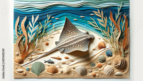 Construct a detailed handcrafted scene of a stingray gliding over the sandy sea floor, using a blend of paper and fabric to showcase various textures . photo