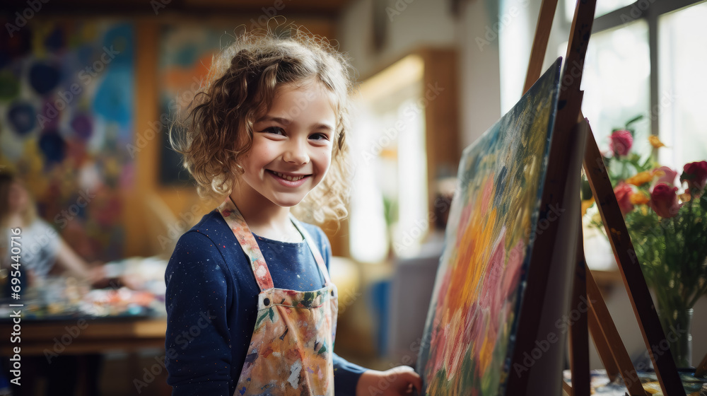 little beautiful girl draws on an easel in an art studio, drawing school, child, childhood, creativity, kid, smiling face, portrait, brush, paints, still life, picture, interior, student, master class little beautiful girl draws on an easel in an art studio, drawing school, child, childhood, creativity, kid, smiling face, portrait, brush, paints, still life, picture, interior, student, master class