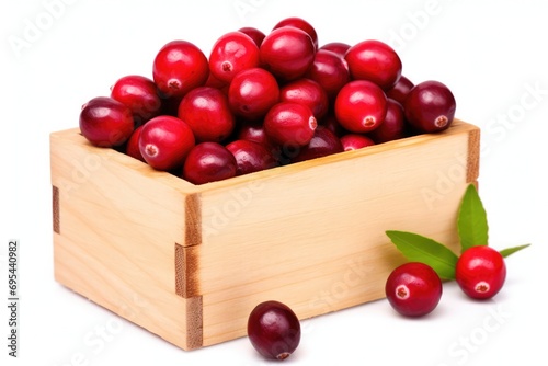 The Beautiful Contrast Of A Wooden Box Of Cranberries On A White Background