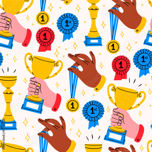 Award, winning cup, first place medal, ribbon prize. Hand holding gold medal and champion trophy cup. Hand drawn trendy Vector illustration. Square seamless Pattern. Victory, competition concept