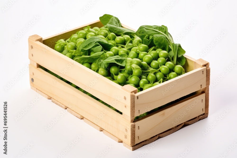 White Background Showcasing A Wooden Box Filled With Peas White Background Showcasing A Wooden Box Filled With Peas