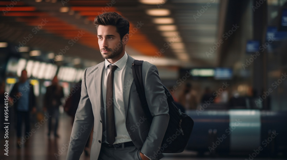 Portrait of young success business man traveling to office on blurred background